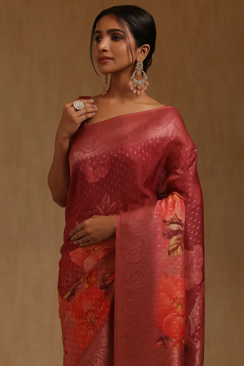 Onion Pink Dola Silk Floral Zari Woven Saree